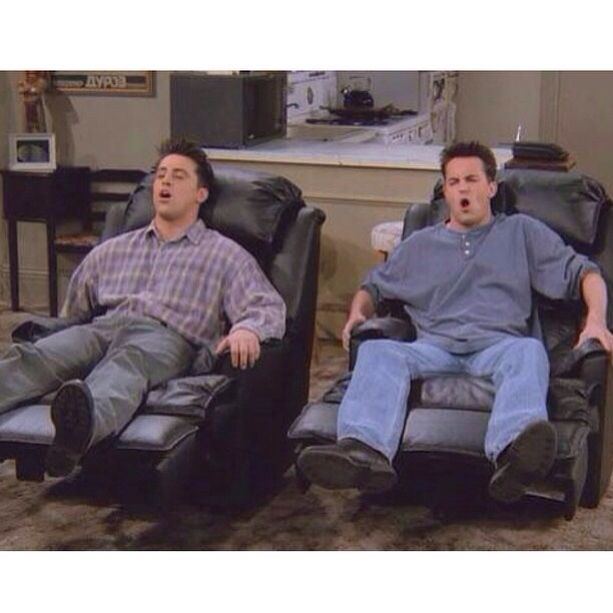 The famous scene: Chandler and Joey on their favorite sofa chairs